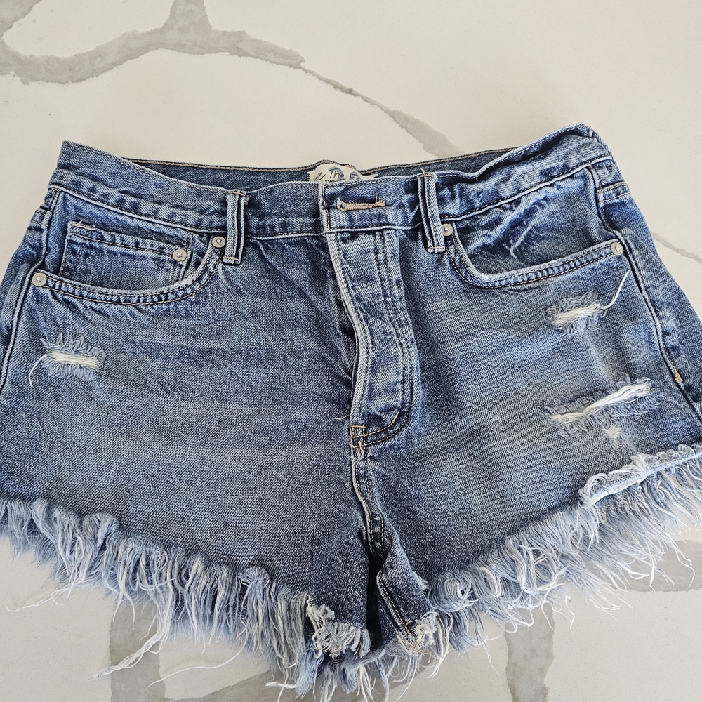 Free People Blue Distressed Jean Shorts